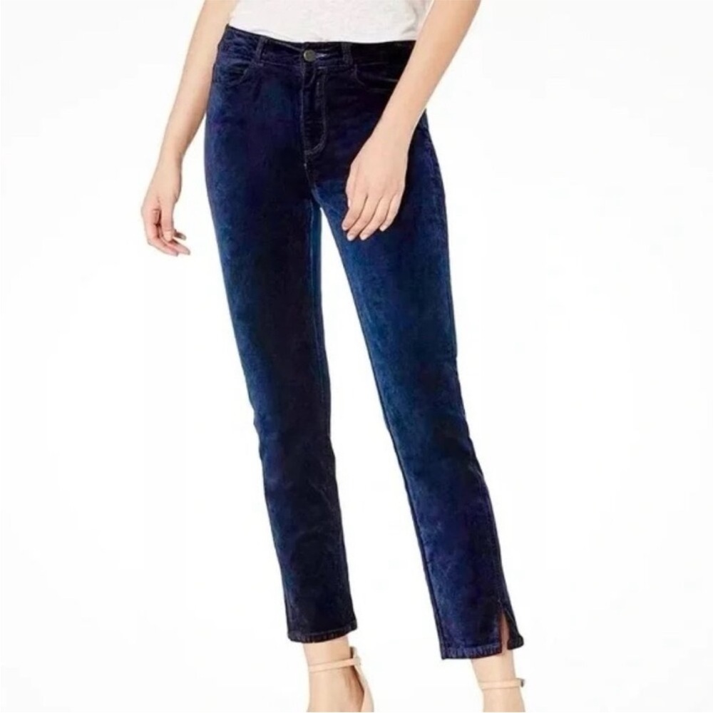 PAIGE Cindy Navy Blue Twisted seams and slit straight leg Velvet pants
